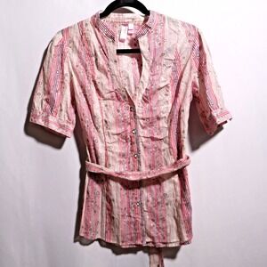 Y2K Pink Metallic Striped Glam Western Button Up Top Cowgirl Rodeo Cotton L Fang